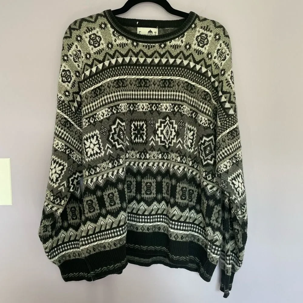 Florence Tricot Made in Italy Grandpa Crewneck Sweater Vintage Black and White